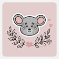 Mouse. Cute funny hand drawn animal with hearts, leaves and branches. Royalty Free Stock Photo